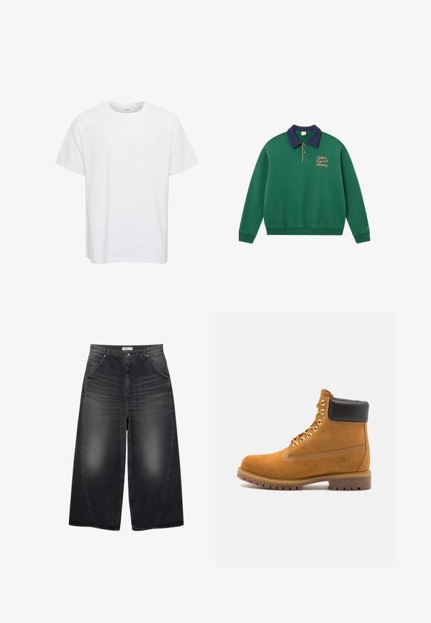 Grüne Sweatshirt mit navyfarbenem Kragen, goldener Stickerei und gerippten Bündchen. Verfügt über ein Pullover-Design und einen weichen, strukturierten Stoff. Klassischer sportlicher Stil.; Weißes Baumwoll-T-Shirt mit kurzen Ärmeln, Rundhalsausschnitt und lockerer Passform. Glatte Textur, keine Muster oder Akzente. Einfaches Design.; PULL&BEAR MEGA BAGGY - Baggy Jeans - black; Beige Wildleder-Ankle-Boot mit schwarzem gepolstertem Kragen, goldenen Metallösen, weißen Nähdetalben und einer robusten Gummisohle mit ausgeprägtem Profil.