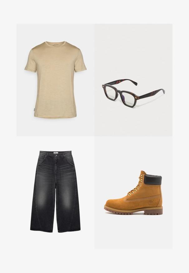 Zelená mikina so námorníckym golierom, zlatou výšivkou a rebrovanými manžetami. Obsahuje dizajn na prehodenie a jemnú, textúrovanú látku. Klasický športový štýl.; Béžové tričko s krátkym rukávom vyrobené z ľahkého materiálu; má okrúhly výstrih a jemnú textúru s rovný strihom dolného lemu.; PULL&BEAR MEGA BAGGY - Džínsy baggy - black; Tyrkysové semišové členkové topánky s čiernym polstrovaným golierom, zlatými kovovými očkami, bielym prešívaním a robustnou gumovou podrážkou s výraznými drážkami.; Želvovinové obdĺžnikové okuliare s priehľadnými šošovkami a jemnými zlatými akcentmi na rámoch, vystavené na bielom pozadí.