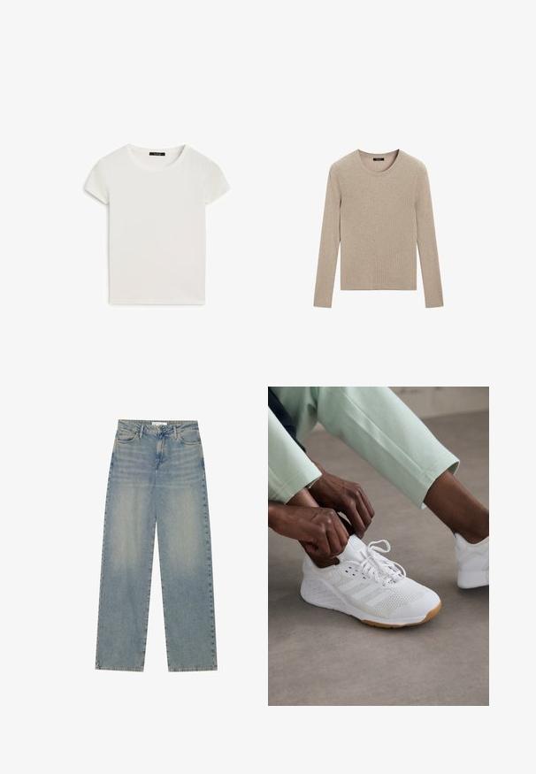 Massimo Dutti RIBBED CREW NECK - Jumper - LIGHT BROWN; White short-sleeve t-shirt with a round neckline, crafted from soft cotton fabric, featuring a smooth texture and a simple design.; Light blue high-waist straight-leg denim jeans with front pockets, belt loops, and visible button and zipper closure.; White athletic shoe with a mesh upper, rubber sole, and three stripe design. Laces are being adjusted; light gray and mint green clothing visible.