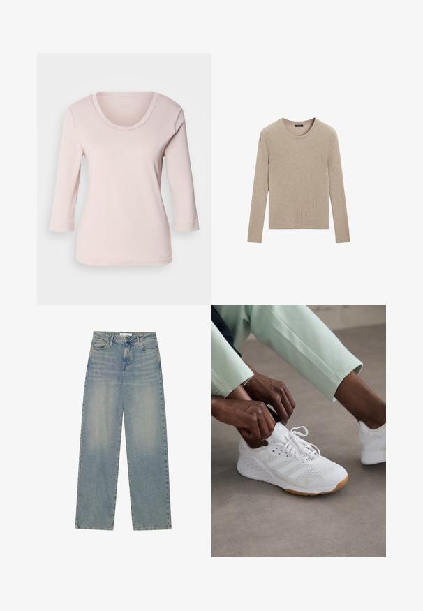 Massimo Dutti RIBBED CREW NECK - Svetr - LIGHT BROWN; Světle růžová košile s dlouhými rukávy a výstřihem do lodi. Vyrobena z měkké látky, s prošívanými detaily podél výstřihu a okrajů rukávů.; Světlé modré džíny s vysokým pasem a rovnými nohavicemi, vybavené předními kapsami, poutky na pásek a viditelným zapínáním na knoflík a zip.; Bílé atletické boty s textilním svrškem, gumovou podrážkou a designem tří pruhů. Šňůrky se právě upravují; viditelné jsou světlé šedé a mátově zelené oblečení.