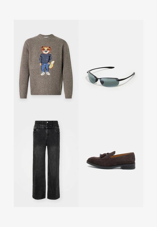 Maglione marrone a maglia con un volpe che indossa un maglione a righe, jeans blu e scarpe bianche ricamati sul davanti.; Jeans in denim nero a gamba larga con un finish sbiadito, dotati di chiusura con bottone, cinque tasche e cuciture in contrasto lungo i lati.; Paul Smith LAWSON - Scarpe senza lacci - brown; Occhiali da sole sportivi con una sottile montatura nera, lenti rettangolari in grigio sfumato e impugnature testurizzate sugli temple per un comfort aggiuntivo.; Borsa a tracolla in pelle nera con texture liscia, forma rettangolare e tracolla lunga; presenta un piccolo logo bianco al centro.