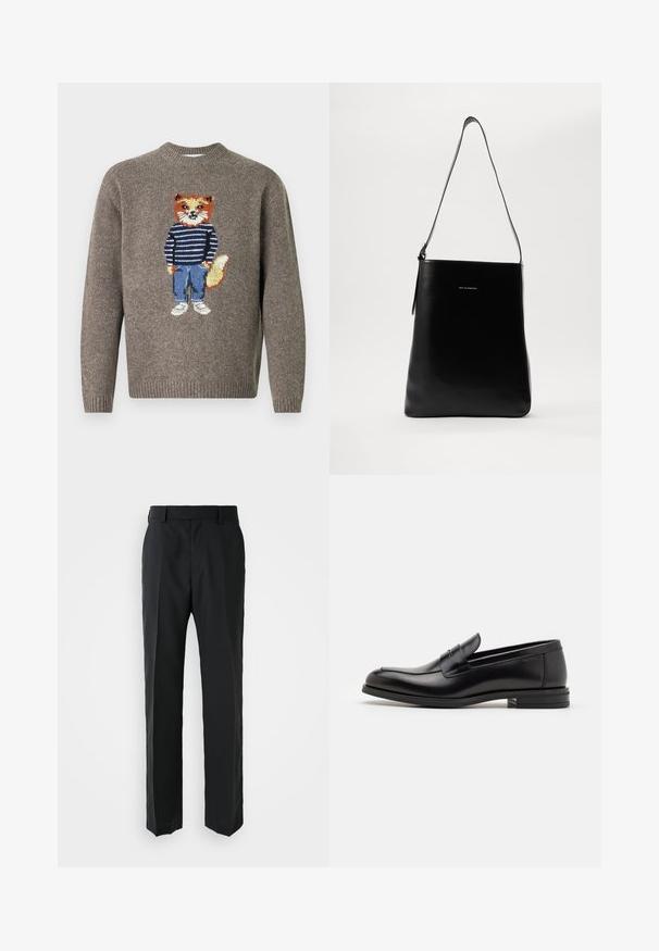 Barna kötött pulóver, amelyen egy csíkos pulcsit, kék farmert és fehér cipőt viselő róka van hímzéssel a fronton.; Fekete nadrág egyenes lábbal, sima anyagból készült. Laposan hajtott derékkal rendelkezik, és nincsenek látható minták vagy díszítések.; Fekete bőr loaferek sima textúrával, kerek orral és dekoratív pánttal a vampnál. Alacsony, rétegelt sarkú, minimalista dizájn.; Fekete bőrtáska sima textúrával, téglalap alakú, hosszú pánttal; a közepén egy kis fehér logó található.