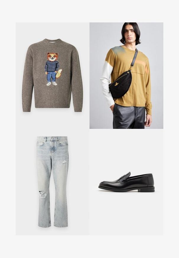 Rudas megztinis su išsiuvinėtu lūšiu, vilkinčiu dryžuotą megztinį, mėlynėmis kelnėmis ir baltais batais ant priekio.; Šviesiai mėlynų džinsų kelnės su aukštu liemeniu, tiesiomis kojomis ir suplėšytais akcentais dešinėje šlaunyje ir kairėje kelyje.; Juodos odinės loafers, turinčios lygų paviršių, apvalią noselę ir dekoratyvinę juostą per priekinę dalį. Žemas krentantis kulnas, minimalistinis dizainas.; Vivienne Westwood CITY BUMBAG UNISEX - Diržinis krepšelis - black
