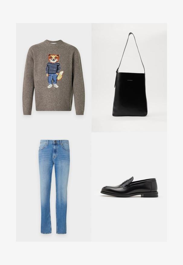 Suéter de punto marrón con un zorro bordado en la parte frontal que lleva un suéter a rayas, jeans azules y zapatos blancos.; Vaqueros de un azul claro con un ligero desgaste, fabricados en denim. Cuentan con cinco bolsillos, un cierre de botón y cremallera, y un diseño de pierna recta.; Mocasines de cuero negro con una textura suave, puntera redondeada y una tira decorativa en el empeine. Tacón bajo apilado, diseño minimalista.; Bolso de hombro de cuero negro con textura suave, forma rectangular y una correa larga; presenta un pequeño logo blanco en el centro.