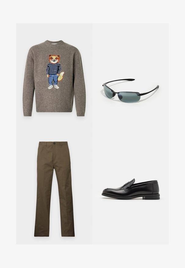 Rudas megztinis su išsiuvinėtu lūšiu, vilkinčiu dryžuotą megztinį, mėlynėmis kelnėmis ir baltais batais ant priekio.; Rudi medvilniniai kelnių su tiesiais kirpimu, su sagos uždarymu ir šoninėmis kišenėmis, demonstruojami prieš baltą fono.; Juodos odinės loafers, turinčios lygų paviršių, apvalią noselę ir dekoratyvinę juostą per priekinę dalį. Žemas krentantis kulnas, minimalistinis dizainas.; Sportiniai saulės akiniai su plonu juodu rėmu, stačiakampiais objektyvais gradientinėmis pilkosiomis spalvomis ir tekstūruotais šventyklų fiksatoriais papildomam komfortui.