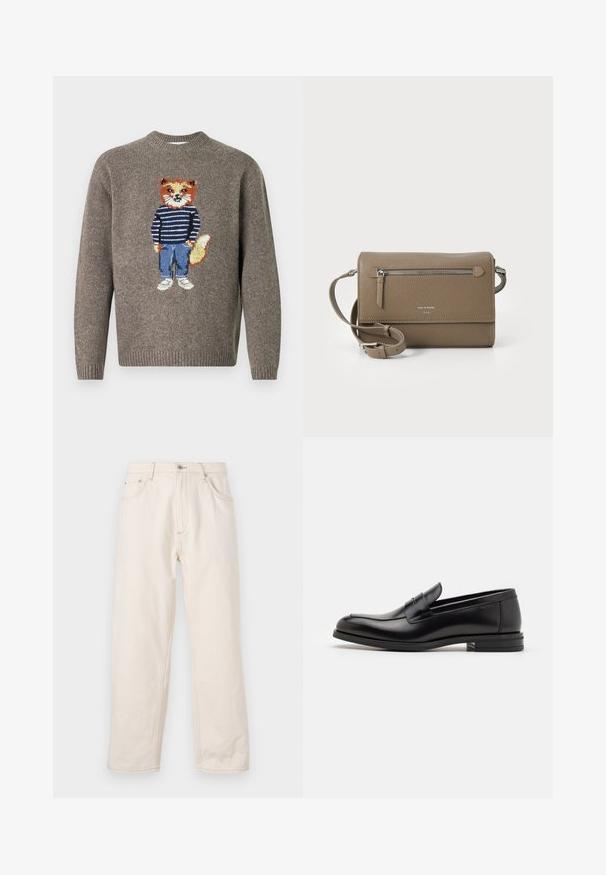 Brauner gestrickter Pullover mit einem Fuchs, der einen gestreiften Pullover, blaue Jeans und weiße Schuhe trägt, auf der Vorderseite gestickt.; Beige gleich geschnittene Jeans aus Denim, mit Knopfverschluss, fünf Taschen und sichtbaren Nähten. Glatte Textur.; Schwarze Lederloafers mit glatter Textur, rundem Zehenbereich und einem dekorativen Riemen über dem Vorderfuß. Niedriger, gestapelter Absatz, minimalistisches Design.; Taupe Leder Umhängetasche mit einem Reißverschluss-Frontfach, verstellbarem Schulterriemen, Strukturleder und geprägt Logo auf der Vorderseite.