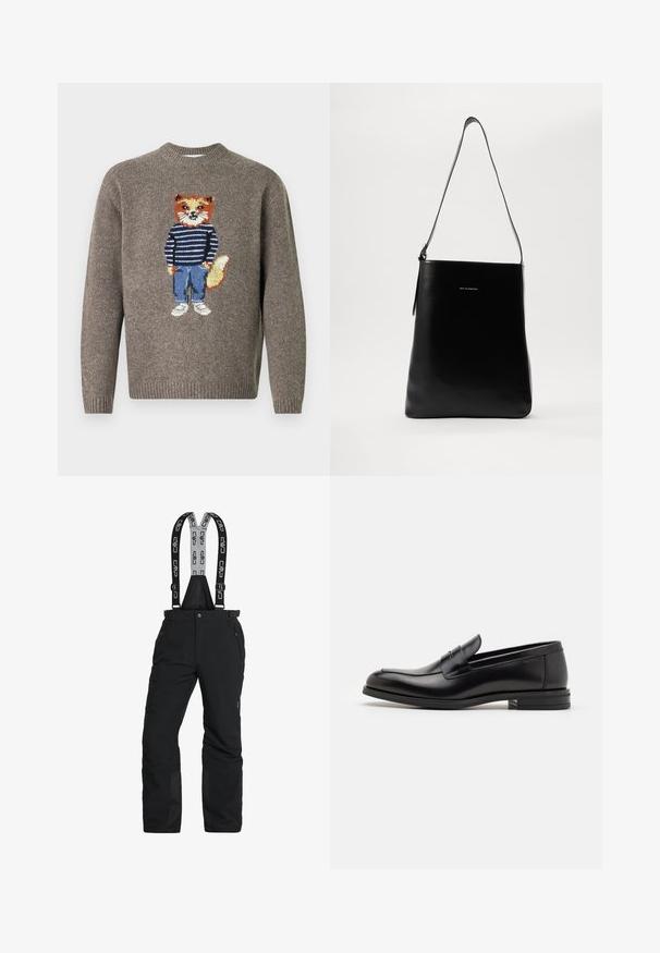 Brun stickad tröja med en räv som bär en randig tröja, blå jeans och vita skor broderade på framsidan.; Svarta snöbyxor med justerbara hängslen, dragkedjefickor och förstärka anklar. Tillverkade av vattentåligt material med en slät textur.; Svarta läderloafers med en slät yta, rund tå och ett dekorativt band över främre delen. Låg staplad klack, minimalistisk design.; Svart läderaxelväska med en slät textur, rektangulär form och en lång rem; har en liten vit logotyp i mitten.