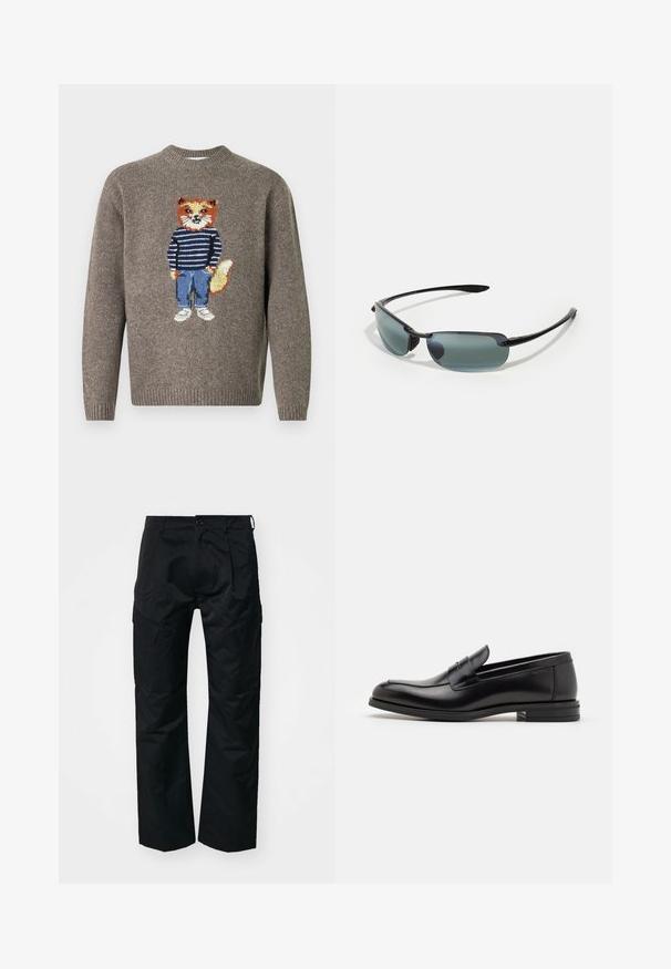 Brun stickad tröja med en räv som bär en randig tröja, blå jeans och vita skor broderade på framsidan.; Svarta cargobyxor med en slät textur, med sidofickor, knappstängning och en avslappnad passform.; Svarta läderloafers med en slät yta, rund tå och ett dekorativt band över främre delen. Låg staplad klack, minimalistisk design.; Sportsolglasögon med en slank svart ram, rektangulära linser i grå toning och texturerade bägar för ökad komfort.