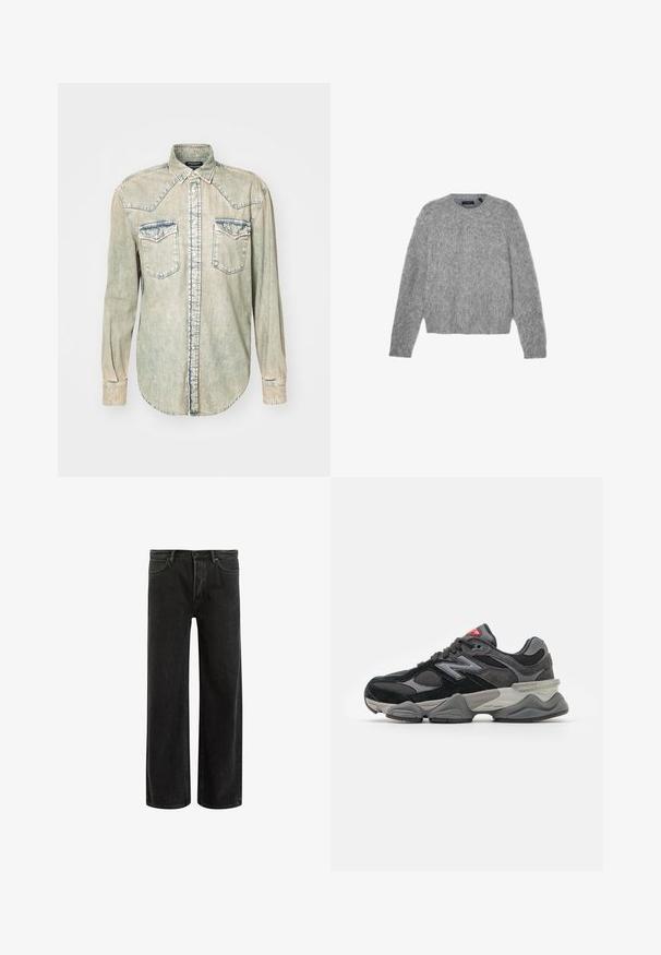 Maglione grigio a maniche lunghe realizzato in materiale soffice, con scollatura rotonda e taglio cropped. Texture liscia con un aspetto morbido e leggero.; Camicia di denim chiaro con maniche lunghe, colletto a punta, due tasche sul petto e cuciture a contrasto lungo le cuciture e i bordi.; Jeans wide-leg in denim nero con vita alta, caratterizzati da un classico design a cinque tasche e da un leggero sbiadimento per un aspetto testurizzato.; Sneaker nera e grigia con un mix di materiali in suede e mesh, suola spessa, logo prominente e accento rosso sulla linguetta.