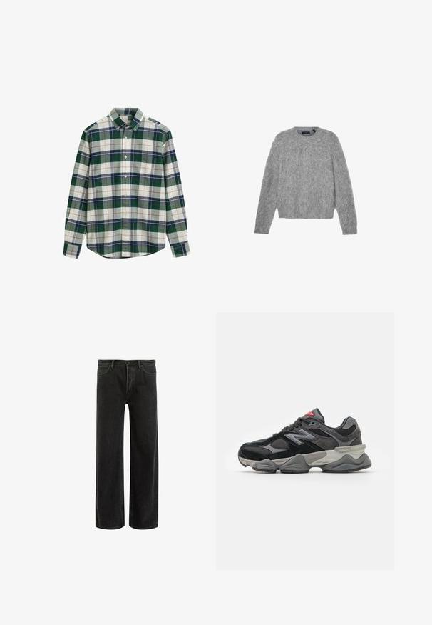 Maglione grigio a maniche lunghe realizzato in materiale soffice, con scollatura rotonda e taglio cropped. Texture liscia con un aspetto morbido e leggero.; Camicia a quadri verde e bianca con colletto, con accenti blu navy, grigio e arancione. Include una tasca sul lato sinistro del petto.; Jeans wide-leg in denim nero con vita alta, caratterizzati da un classico design a cinque tasche e da un leggero sbiadimento per un aspetto testurizzato.; Sneaker nera e grigia con un mix di materiali in suede e mesh, suola spessa, logo prominente e accento rosso sulla linguetta.