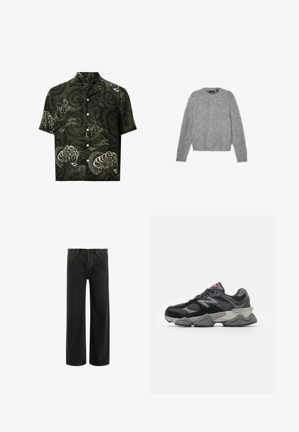 Grå långärmad tröja i fluffigt material med rund halsringning och kort passform. Slät yta med ett mjukt och lätt utseende.; Kortärmad skjorta i mörkgrön bomull med vita drak- och blommönster, med snedskuren krage och knäppning framtill.; Grön bomullströja med korta ärmar, ribbad rundhalsning och broderad Nike-logotyp på bröstet. Slät textur och avslappnad passform.; Svarta denimbyxor med vida ben och hög midja, med klassisk femficksdesign och subtil blekning för en texturerad look.; Svarta och grå sneakers med en kombination av mocka och mesh-material, tjock sula, framträdande logotyp och röd accent på tungan.