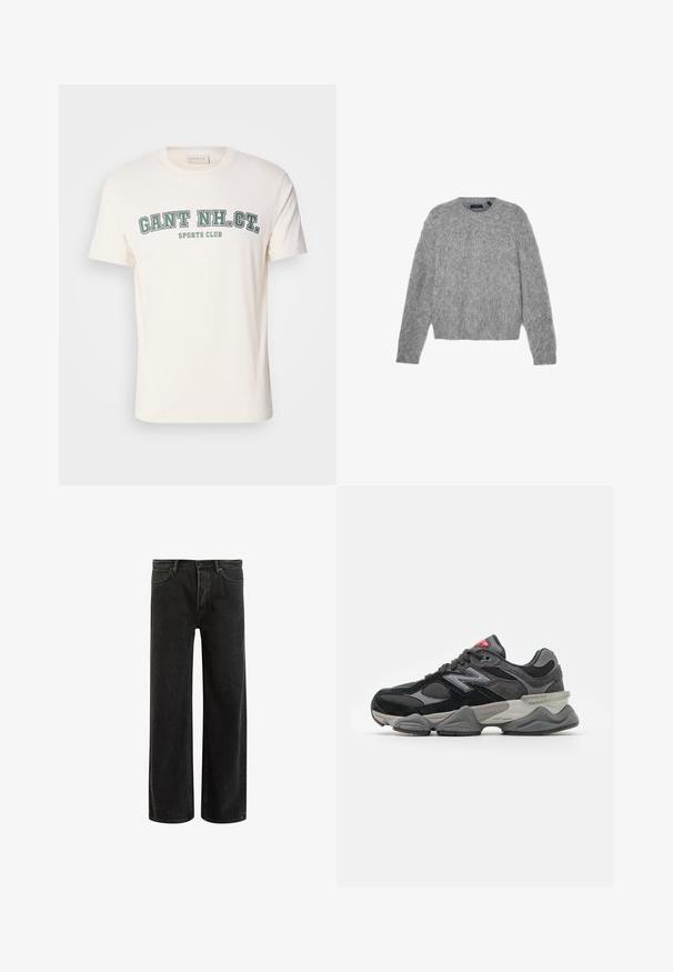 Grå, langermet genser laget av fluffy materiale med rund hals og cropped passform. Jevn tekstur med et mykt, lett utseende.; Kremfarget bomull T-skjorte med rund hals og korte ermer. Fronten viser "GANT NH. CT." og "SPORTS CLUB" i grønn og svart tekst.; Svarte denim vide bukser med høyt liv, med klassisk fem-lomme design og subtil bleking for en teksturert utseende.; Svarte og grå joggesko med en blanding av semsket skinn og mesh-materialer, tykk såle, fremtredende logo, og rød detalj på tungen.