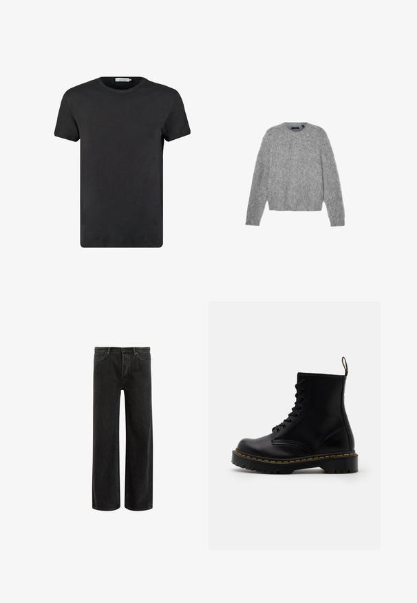 Šedý svetr s dlouhým rukávem vyrobený z nadýchaného materiálu s kulatým výstřihem a zkráceným střihem. Hladký povrch s jemným, lehkým vzhledem.; Černé bavlněné tričko s kulatým výstřihem a krátkým rukávem. Tkanina má hladký povrch a bez vzorů či akcentů. Běžný střih.; Černé džíny s širšími nohavicemi a vysokým pasem, s klasickým designem pěti kapes a jemným vyblednutím pro texturovaný vzhled.; Černé kožené kotníkové boty s šněrováním vpředu, žlutým prošíváním, zaoblenou špičkou a silnou, textured gumovou podrážkou.
