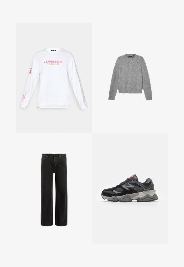 Gray, long-sleeve sweater made of fluffy material with a round neckline and a cropped fit. Smooth texture with a soft, light appearance.; White long-sleeve shirt featuring "J. LINDEBERG KANGOL" text in pink and orange. Left sleeve has pink graphic detail. Cotton material.; Black denim wide-leg jeans with a high waist, featuring classic five-pocket design, and subtle fading for a textured appearance.; Black and gray sneaker with a mix of suede and mesh materials, thick sole, prominent logo, and red accent on the tongue.