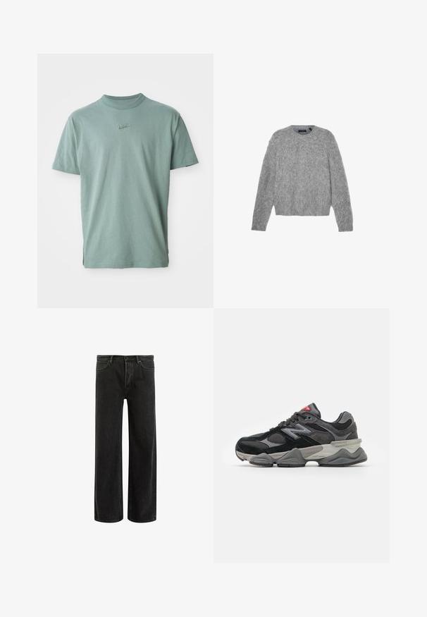 Gray, long-sleeve sweater made of fluffy material with a round neckline and a cropped fit. Smooth texture with a soft, light appearance.; Green cotton t-shirt with short sleeves, ribbed crew neckline, and embroidered Nike logo on the chest. Smooth texture and relaxed fit.; Black denim wide-leg jeans with a high waist, featuring classic five-pocket design, and subtle fading for a textured appearance.; Black and gray sneaker with a mix of suede and mesh materials, thick sole, prominent logo, and red accent on the tongue.