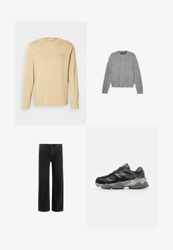 Hall harmaast pika varrukaga sviiter, mis on valmistatud pehmest materjalist, ümarate kaelustega ja lühikese sobivusega. Sile tekstuur, pehme ja kerge välimus.; Bež pikk-sleeve crewneck särg, mille väikesel embleemil on õmmeldud vasakul ülaosas, esitledud lihtsal valgel taustal.; Mustadest denimist laiad püksid kõrge vöökoht, klassikalise viie taskuga disain ja õrn pleekinud välimus tekstuurilise ilme saavutamiseks.; Must muste ja hall tossud, mis on tehtud segu sametist ja võrkmaterjalist, pakse vahetallaga, silmapaistva logoga ja punase aktsendiga keelel.