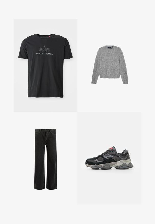 Sivý sveter s dlhým rukávom vyrobený z nadýchaného materiálu s okrúhlym výstrihom a skráteným strihom. Hladká textúra s jemným, svetlým vzhľadom.; Čierne bavlnené tričko s okrúhlym výstrihom s textúrovanou potlačou loga, na ktorej sú slová "ALPHA INDUSTRIES" a trojuholníkový dizajn v strede.; Čierne džínsy s širokými nohavicami a vysokým pásom, so classic piatimi vreckami a jemným vyblednutím pre textúrovaný vzhľad.; Čierne a šedé tenisky s kombináciou semišu a sieťoviny, hrubou podrážkou, výrazným logom a červeným akcentom na jazyku.