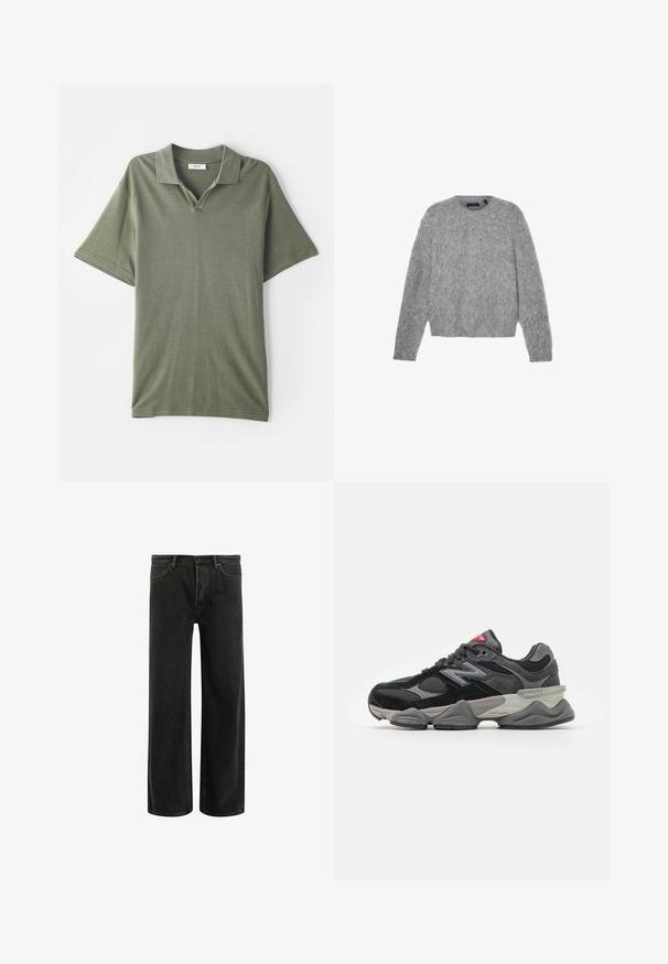 Szürke, hosszú ujjú pulóver bolyhos anyagból, kerek nyakkivágással és rövid fazonnal. Simaságával lágy, könnyű megjelenést kölcsönöz.; Olíva zöld, rövid ujjú pólóing, gallérral és texturált anyagból készült. V-alakú nyílással és laza szabással rendelkezik.; Fekete farmerszövet, bő szárú nadrág magas derékkal, klasszikus ötpocket kivitelben, és finom kopással a texturált megjelenés érdekében.; Fekete és szürke sportcipő, amely velúr és hálós anyagok keverékéből készült, vastag talppal, hangsúlyos logóval és piros akcentussal a nyelvén.