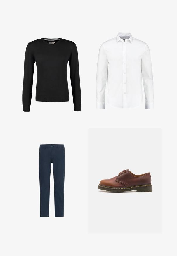 Black, fitted, V-neck sweater with long sleeves. Made of soft knit fabric, featuring ribbed cuffs and waistband. Minimalist design.; White long-sleeve button-up shirt made from smooth cotton. Features a classic collar and button-front closure with a straight hem.; Navy blue chinos made of cotton blend fabric, featuring a button closure, straight legs, and a smooth texture without patterns or accents.; Brown leather shoe with a smooth finish, round toe, and five eyelet lacing. Features yellow stitching along the sole and a textured heel.