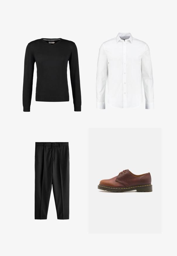 Svart, tajt V-ringad tröja med långa ärmar. Gjord av mjukt stickat tyg, med ribbade ärmslut och midja. Minimalistisk design.; Vit långärmad skjorta med knäppning i mjuk bomull. Har en klassisk krage och knappframknäppning med rak fåll.; Next REGULAR FIT - Kostymbyxor - black; Bruna läderskor med en slät yta, rund tå och snörning med fem öglor. Har gul söm längs sulan och en texturerad klack.