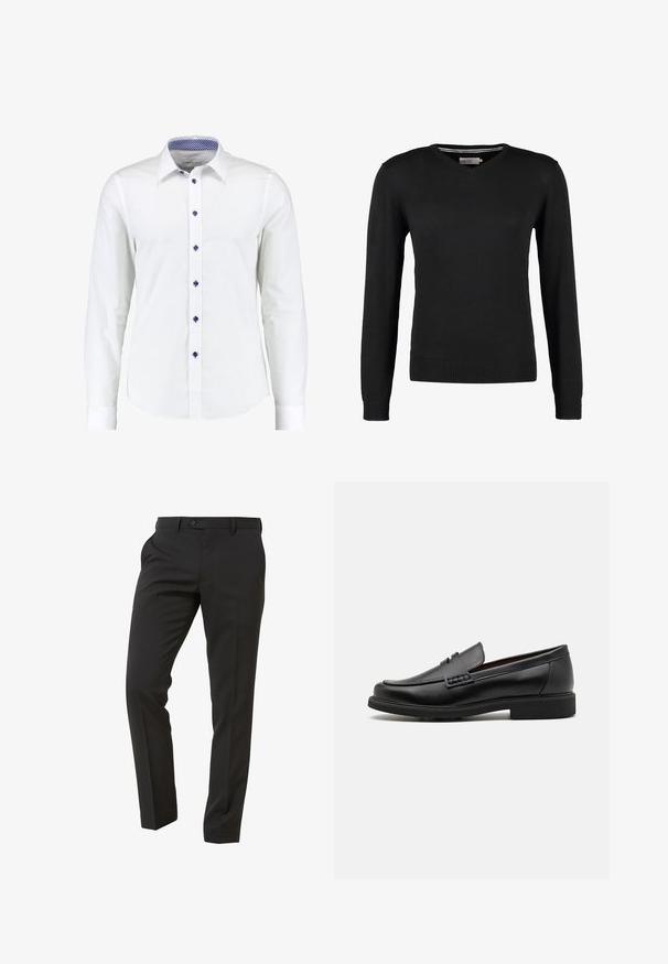 Maglione nero, aderente, con scollo a V e maniche lunghe. Realizzato in morbido tessuto a maglia, con polsini e vita a coste. Design minimalista.; Camicia bianca a maniche lunghe con colletto abbottonato, con bottoni blu a contrasto e un motivo a quadretti blu all'interno del colletto.; Next Trousers - Suit Trousers Slim Fit - Pantaloni eleganti - mottled black; Mocassini sintetici neri con una spessa cucitura frontale, soletta imbottita e suola piatta in gomma; design elegante con dettagli minimi.