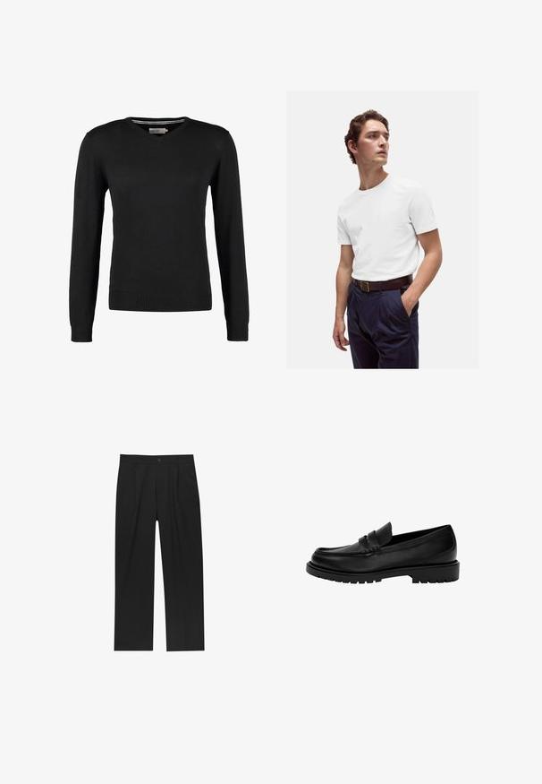 Czarny, dopasowany sweter z dekoltem w serek i długimi rękawami. Wykonany z miękkiej dzianiny, z prążkowanymi mankietami i pasem. Minimalistyczny design.; Biała bawełniana koszulka z okrągłym dekoltem noszona z granatowymi spodniami w kant i brązowym skórzanym paskiem z złotą klamrą.; Czarne spodnie o prostym kroju, wykonane z gładkiego materiału. Posiadają zakładki z przodu i pojedyncze zapięcie na guziki w pasie.; Czarne skórzane mokasyny z zaokrąglonym noskiem, z dwoma pasami, teksturowanym przeszyciem oraz grubą gumową podeszwą.
