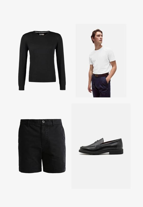 Svart, tajt V-ringad tröja med långa ärmar. Gjord av mjukt stickat tyg, med ribbade ärmslut och midja. Minimalistisk design.; Vit bomulls t-shirt med rund halsringning, bärs tillsammans med marinblå veckade byxor och ett brunt läderbälte med en gyllene spänne.; Svarta bomullsshorts med en slät textur, knappstängning och uppvikta ärmar. Har bälteslevar och framfickor för praktisk användning.; Svart syntetiska loafers med en framträdande söm på framsidan, vadderad sula och platt gummiyttersula; elegant design med minimalt detaljerad.