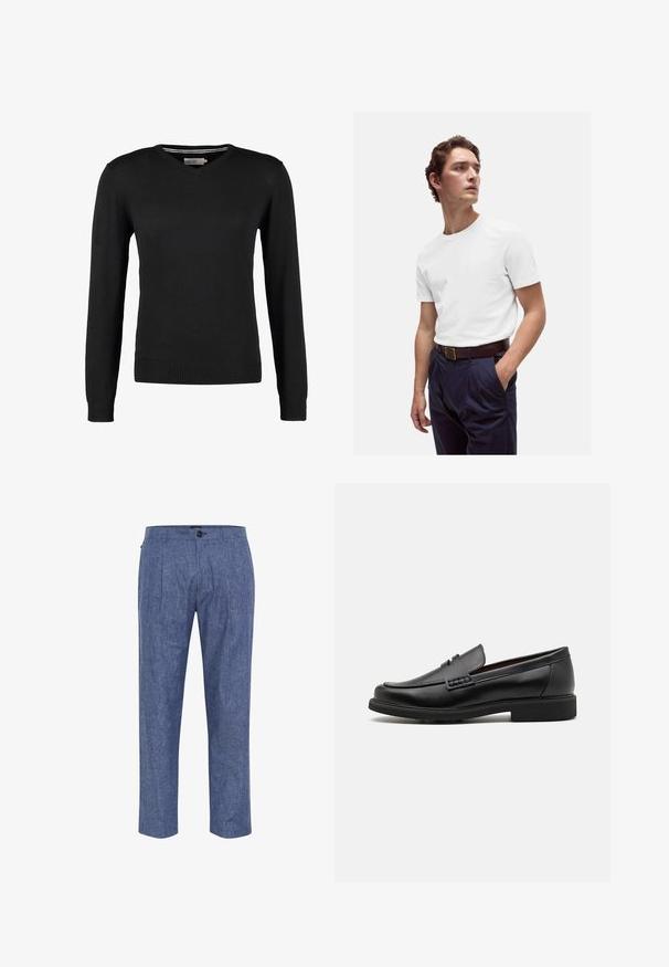 Svart, tajt V-ringad tröja med långa ärmar. Gjord av mjukt stickat tyg, med ribbade ärmslut och midja. Minimalistisk design.; Vit bomulls t-shirt med rund halsringning, bärs tillsammans med marinblå veckade byxor och ett brunt läderbälte med en gyllene spänne.; Blå chambraybyxor med avslappnad passform, som har en framfåra, sidofickor och en enkel knappknäppning i midjan.; Svart syntetiska loafers med en framträdande söm på framsidan, vadderad sula och platt gummiyttersula; elegant design med minimalt detaljerad.