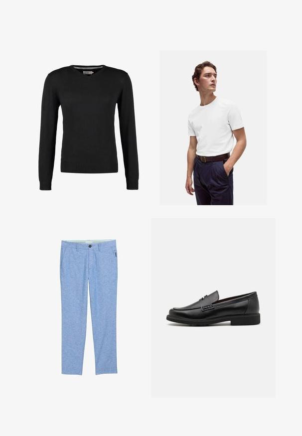 Zwarte, aansluitende V-hals trui met lange mouwen. Gemaakt van zachte gebreide stof, met geribbelde mouwen en zoom. Minimalistisch ontwerp.; Witte katoenen t-shirt met ronde hals, gedragen met marineblauwe geplooide broek en een bruine leren riem met een gouden gesp.; Lichtblauwe, gestructureerde chino's gemaakt van stof met een subtiel gemêleerd patroon. Voorzien van zijzakken, een enkele achterzak en een knoopsluiting.; Zwarte synthetische loafers met een opvallende gestikte voorkant, gevoerde binnenzool en platte rubberen buitenzool; slank ontwerp met minimale details.
