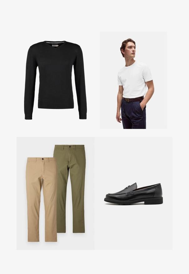 Schwarzer, taillierter V-Ausschnitt-Pullover mit langen Ärmeln. Hergestellt aus weichem Strickstoff, mit gerippten Bündchen und Saum. Minimalistisches Design.; Weißes Baumwoll-T-Shirt mit rundem Ausschnitt, kombiniert mit navyblauen, gefalteten Hosen und einem braunen Ledergürtel mit goldener Schnalle.; Tan- und olivgrüne Baumwollhose, gerader Schnitt, mit Gürtelschlaufen, Reißverschluss und Knopfverschluss, mit glatter Textur.; Schwarze synthetische Slipper mit einer markanten gesteppten Vorderseite, gepolstertem Fußbett und flacher Gummisohle; schlankes Design mit minimaler Detailverarbeitung.