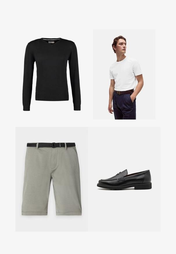 Zwarte, aansluitende V-hals trui met lange mouwen. Gemaakt van zachte gebreide stof, met geribbelde mouwen en zoom. Minimalistisch ontwerp.; Witte katoenen t-shirt met ronde hals, gedragen met marineblauwe geplooide broek en een bruine leren riem met een gouden gesp.; Grijze shorts van een textuurstof, met een zwarte riem, standaard zakken en een zoom die net boven de knie eindigt.; Zwarte synthetische loafers met een opvallende gestikte voorkant, gevoerde binnenzool en platte rubberen buitenzool; slank ontwerp met minimale details.