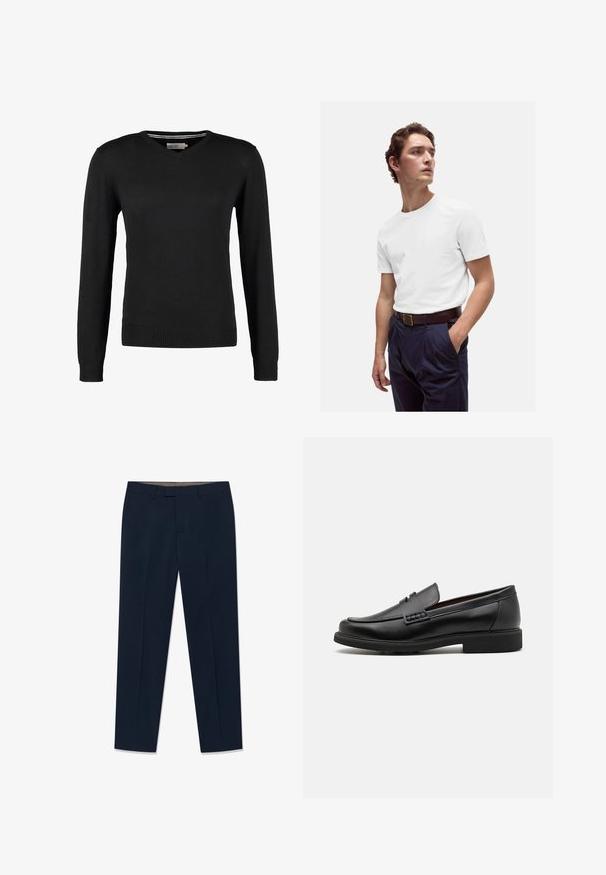Svart, tajt V-ringad tröja med långa ärmar. Gjord av mjukt stickat tyg, med ribbade ärmslut och midja. Minimalistisk design.; Vit bomulls t-shirt med rund halsringning, bärs tillsammans med marinblå veckade byxor och ett brunt läderbälte med en gyllene spänne.; Mörkblå byxor i tyg med slät yta, med platt framstycke, bältesöglor och raka ben med skräddarsydd passform.; Svart syntetiska loafers med en framträdande söm på framsidan, vadderad sula och platt gummiyttersula; elegant design med minimalt detaljerad.