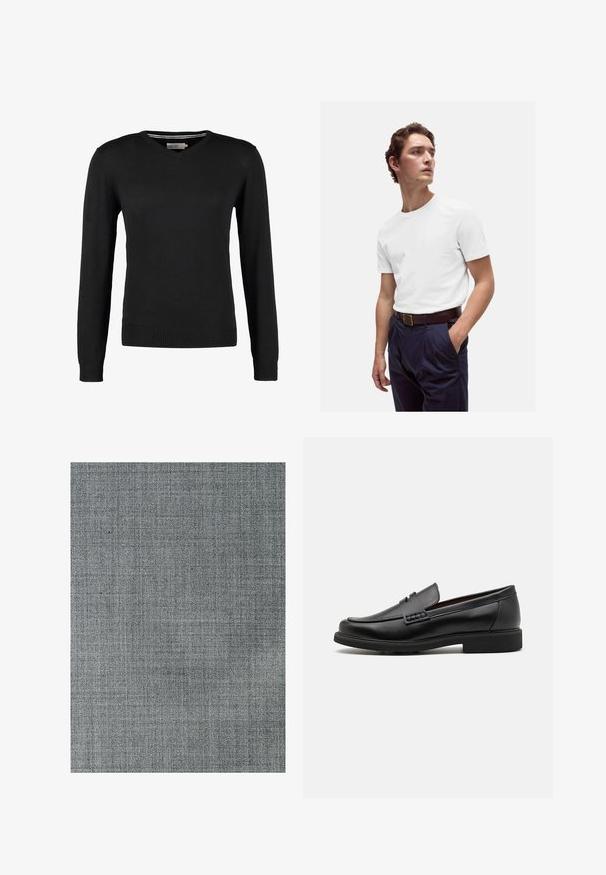 Zwarte, aansluitende V-hals trui met lange mouwen. Gemaakt van zachte gebreide stof, met geribbelde mouwen en zoom. Minimalistisch ontwerp.; Witte katoenen t-shirt met ronde hals, gedragen met marineblauwe geplooide broek en een bruine leren riem met een gouden gesp.; Grijze stof met een gestructureerd, geweven patroon. Het oppervlak is glad en vertoont subtiele variaties in toon en een fijne rasterstructuur.; Zwarte synthetische loafers met een opvallende gestikte voorkant, gevoerde binnenzool en platte rubberen buitenzool; slank ontwerp met minimale details.