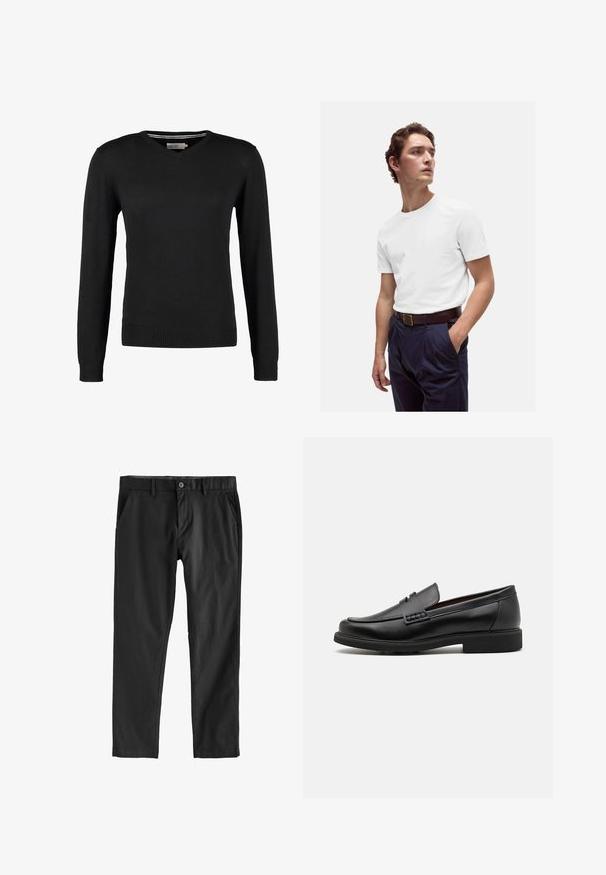 Schwarzer, taillierter V-Ausschnitt-Pullover mit langen Ärmeln. Hergestellt aus weichem Strickstoff, mit gerippten Bündchen und Saum. Minimalistisches Design.; Weißes Baumwoll-T-Shirt mit rundem Ausschnitt, kombiniert mit navyblauen, gefalteten Hosen und einem braunen Ledergürtel mit goldener Schnalle.; Schwarze Hosen aus glattem Stoff, mit Knopfverschluss, seitlichen Taschen und geradem Bein-Design. Keine sichtbaren Muster oder Texturen.; Schwarze synthetische Slipper mit einer markanten gesteppten Vorderseite, gepolstertem Fußbett und flacher Gummisohle; schlankes Design mit minimaler Detailverarbeitung.