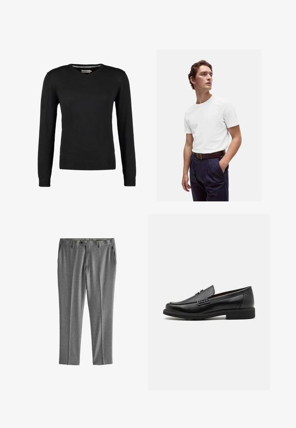 Schwarzer, taillierter V-Ausschnitt-Pullover mit langen Ärmeln. Hergestellt aus weichem Strickstoff, mit gerippten Bündchen und Saum. Minimalistisches Design.; Weißes Baumwoll-T-Shirt mit rundem Ausschnitt, kombiniert mit navyblauen, gefalteten Hosen und einem braunen Ledergürtel mit goldener Schnalle.; Graue Hosen aus einem strukturierten Stoff, mit Seitentaschen, einem Knopfverschluss und einem geraden Schnitt mit eingezogenen Falten vorne.; Schwarze synthetische Slipper mit einer markanten gesteppten Vorderseite, gepolstertem Fußbett und flacher Gummisohle; schlankes Design mit minimaler Detailverarbeitung.