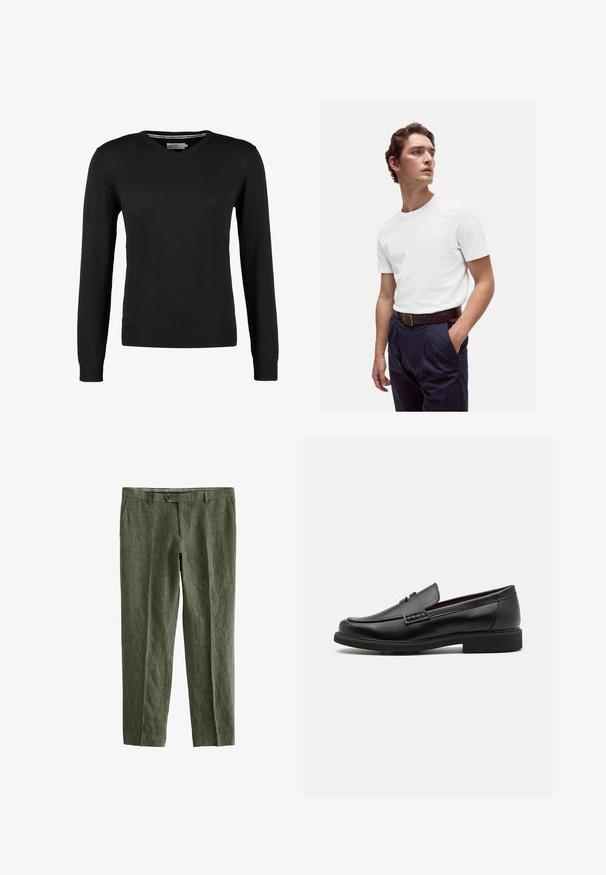 Zwarte, aansluitende V-hals trui met lange mouwen. Gemaakt van zachte gebreide stof, met geribbelde mouwen en zoom. Minimalistisch ontwerp.; Witte katoenen t-shirt met ronde hals, gedragen met marineblauwe geplooide broek en een bruine leren riem met een gouden gesp.; Next SIGNATURE - REGULAR FIT - Broek - olive green; Zwarte synthetische loafers met een opvallende gestikte voorkant, gevoerde binnenzool en platte rubberen buitenzool; slank ontwerp met minimale details.