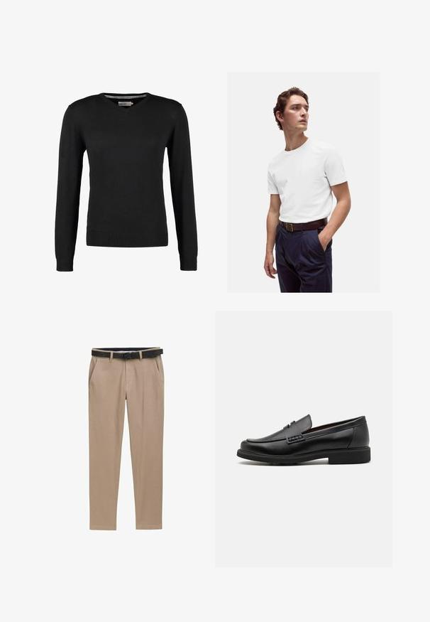 Black, fitted, V-neck sweater with long sleeves. Made of soft knit fabric, featuring ribbed cuffs and waistband. Minimalist design.; White cotton t-shirt with a round neckline worn with navy pleated trousers and a brown leather belt featuring a gold buckle.; TOM TAILOR TRAVELER - Chinos - beige zig zag structure; Black synthetic loafers with a prominent stitched front, cushioned insole, and flat rubber outsole; sleek design with minimal detailing.