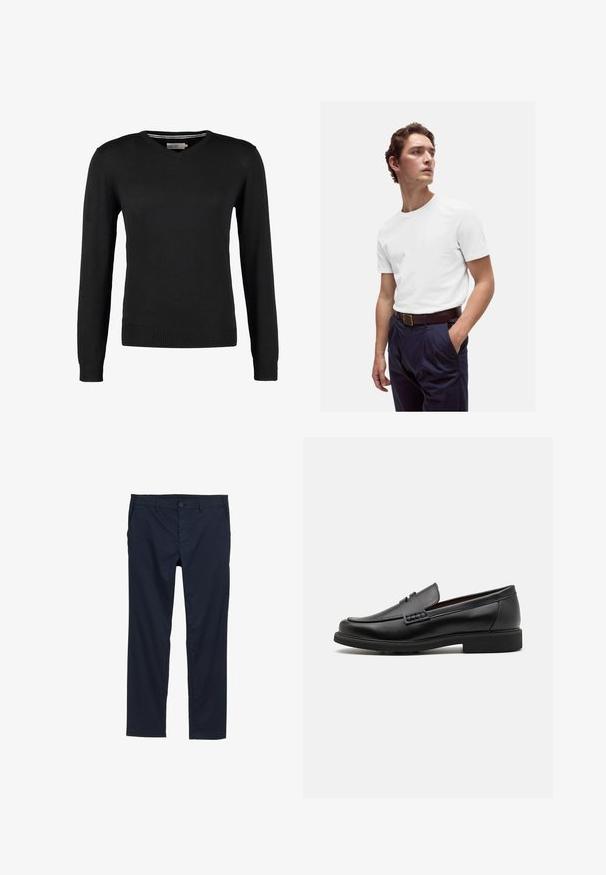 Maglione nero, aderente, con scollo a V e maniche lunghe. Realizzato in morbido tessuto a maglia, con polsini e vita a coste. Design minimalista.; T-shirt bianca in cotone con scollo rotondo, indossata con pantaloni plissettati blu navy e una cintura in pelle marrone con fibbia dorata.; Pantaloni leggeri blu navy con texture morbida, design a gamba dritta, chiusura con bottone e tasche laterali.; Mocassini sintetici neri con una spessa cucitura frontale, soletta imbottita e suola piatta in gomma; design elegante con dettagli minimi.