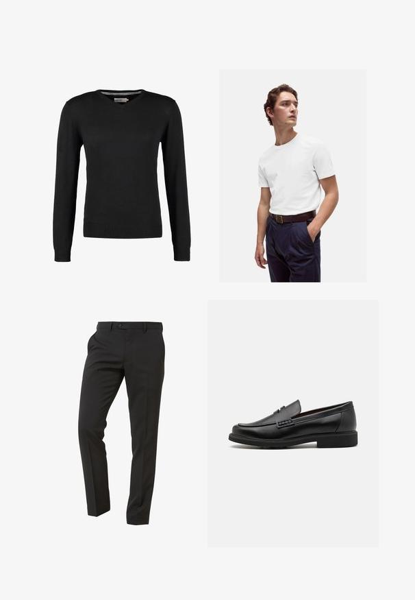 Schwarzer, taillierter V-Ausschnitt-Pullover mit langen Ärmeln. Hergestellt aus weichem Strickstoff, mit gerippten Bündchen und Saum. Minimalistisches Design.; Weißes Baumwoll-T-Shirt mit rundem Ausschnitt, kombiniert mit navyblauen, gefalteten Hosen und einem braunen Ledergürtel mit goldener Schnalle.; Next Trousers - Suit Trousers Slim Fit - Anzughose - mottled black; Schwarze synthetische Slipper mit einer markanten gesteppten Vorderseite, gepolstertem Fußbett und flacher Gummisohle; schlankes Design mit minimaler Detailverarbeitung.