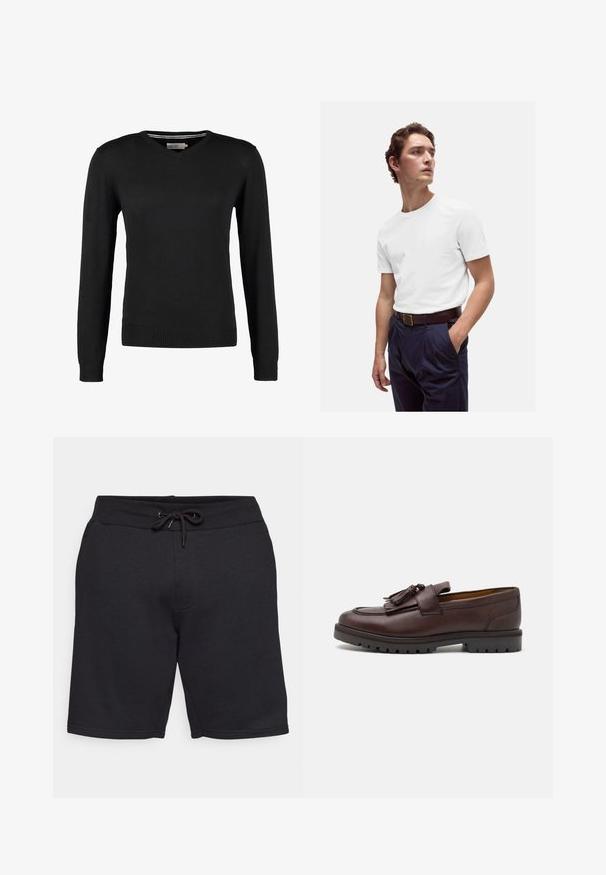 Pull noir, ajusté, à col en V avec des manches longues. Fabriqué en tissu tricot doux, avec des bords côtes aux poignets et à la taille. Design minimaliste.; T-shirt en coton blanc à col rond porté avec un pantalon plissé marine et une ceinture en cuir marron avec une boucle en or.; Shorts en coton noir avec une taille élastique et un cordon de serrage. Comprend des poches latérales et une texture lisse avec des coutures surpiquées.; Zign Mocassins de ville - brown