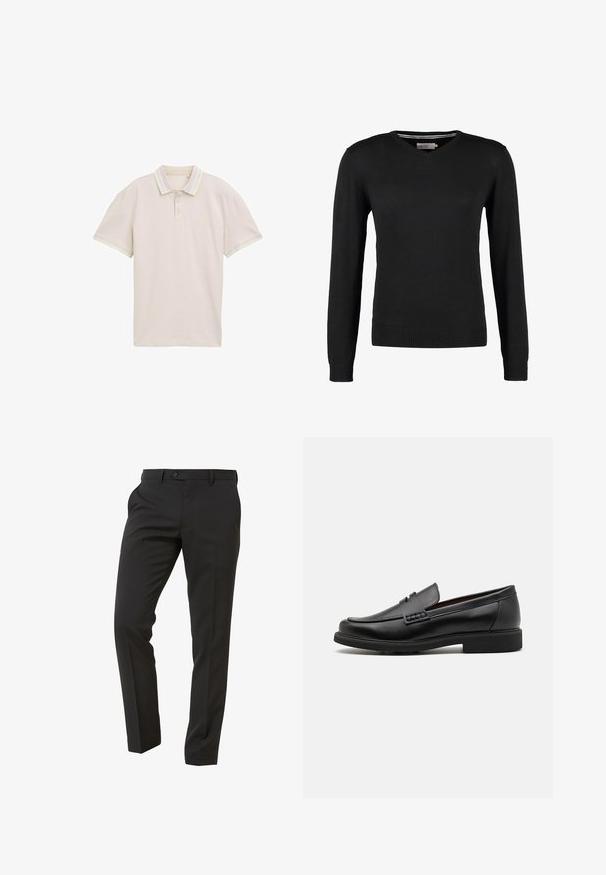 Suéter negro, ajustado, con cuello en V y mangas largas. Hecho de un suave tejido de punto, con puños y cinturilla acanalados. Diseño minimalista.; Camisa polo beige de manga corta, con tapeta de tres botones y rayas en tonos pastel contrastantes en el cuello y los puños de las mangas. Tela ligera.; Next Trousers - Suit Trousers Slim Fit - Pantalón de traje - mottled black; Mocasines sintéticos negros con un prominente frente cosido, plantilla acolchada y suela plana de goma; diseño elegante con un detalle mínimo.
