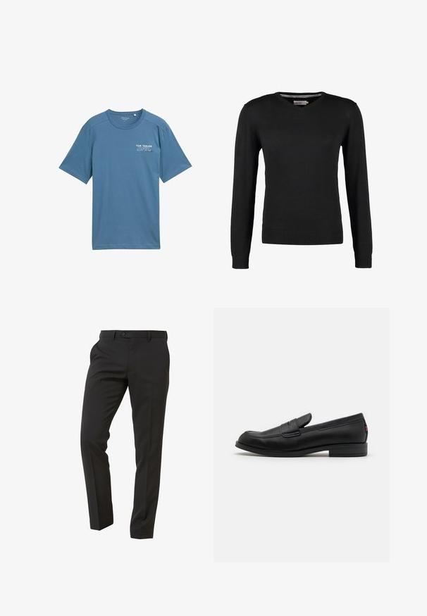 Suéter negro, ajustado, con cuello en V y mangas largas. Hecho de un suave tejido de punto, con puños y cinturilla acanalados. Diseño minimalista.; Camiseta de algodón azul con mangas cortas, escote redondo y logo impreso sutil en el lado izquierdo del pecho. Textura suave, corte casual.; Next Trousers - Suit Trousers Slim Fit - Pantalón de traje - mottled black; Mocasines de cuero negro con un acabado suave, punta redondeada y una pequeña solapa decorativa. Presentan un tacón bajo y apilado, así como un detalle sutil de marca.