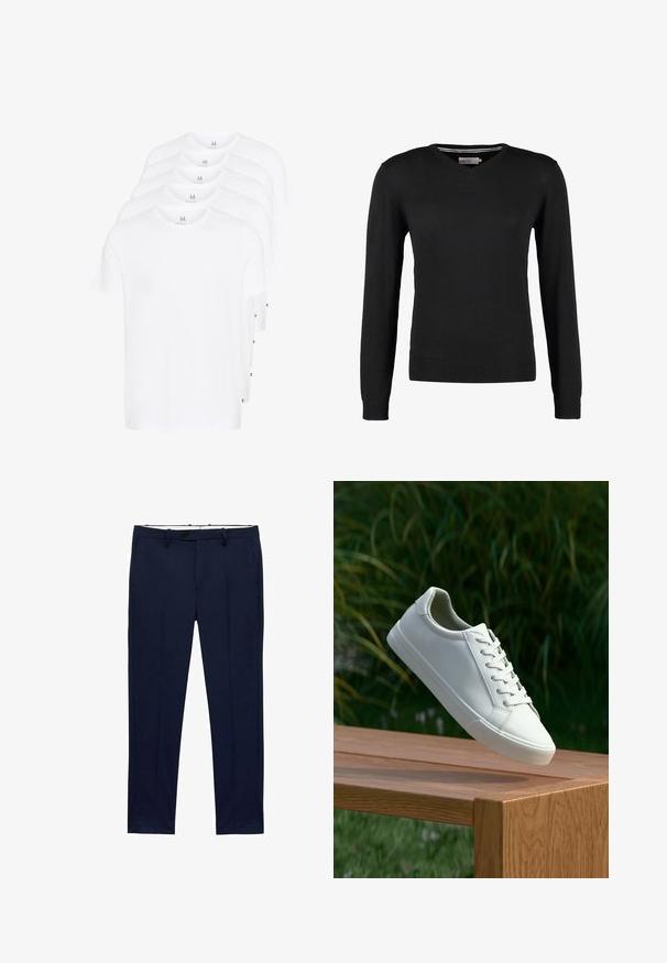 Čierny, priliehavý sveter s výstrihom do V a dlhými rukávmi. Vyrobený z mäkkej pleteniny, s rebrovanými manžetami a pásom. Minimalistický dizajn.; Biele tričká s krátkym rukávom naukladané na sebe, vyrobené z bavlny. Majú okrúhly výstrih a rovný strih. Tkanina vyzerá hladko, bez vzorov.; Námornícke modré nohavice so slim fit strihom a prúžkovaným vzorom. Obsahujú zips, pútká na opasok a predné vrecká. Hladká textúra látky.; Biele šnurovacie tenisky sa vznášajú nad drevenou lavicou so zeleným porastom v pozadí, predvádzajúc design a textúru topánok.