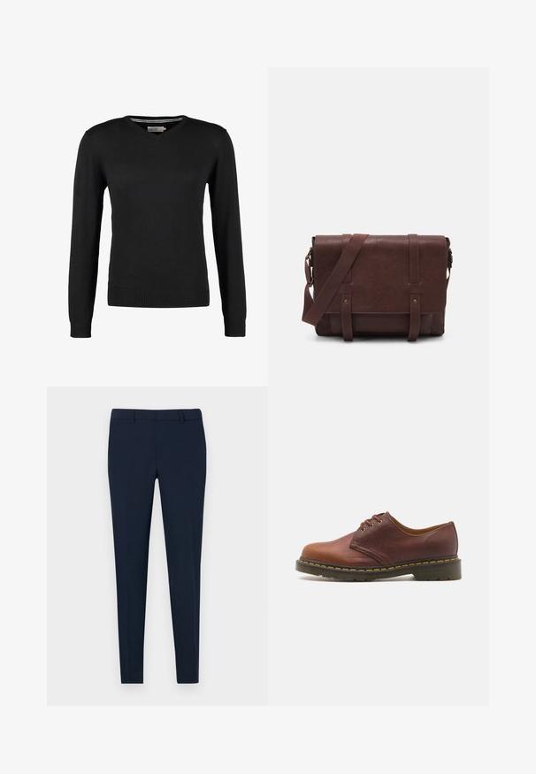 Sort, tætsiddende V-hals sweater med lange ærmer. Fremstillet af blødt strikstof, med ribbede manchetter og talje. Minimalistisk design.; Marineblå skræddersyede bukser med slim fit, flad front og bæltestropper, lavet af glat stof. Ingen synlige mønstre eller dekorationer.; Brune lædersko med en glat finish, rund tå og fem snørrehuller. Har gul syning langs sålen og en tekstureret hæl.; Brun læder buddeltaske med en flad frontklap, to remme, guld hardware detaljer og en justerbar skulderrem.