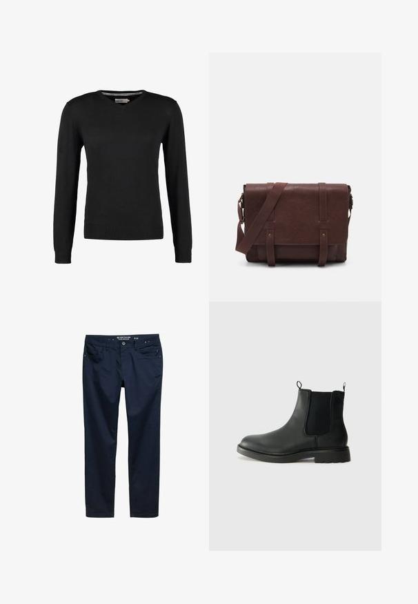 Maglione nero, aderente, con scollo a V e maniche lunghe. Realizzato in morbido tessuto a maglia, con polsini e vita a coste. Design minimalista.; Pantaloni blu navy realizzati in un morbido tessuto di cotone, con vestibilità regolare, cinque tasche e chiusura con zip e bottone.; Stivali Chelsea in pelle nera con pannelli laterali elasticizzati, linguette, punta arrotondata e suola in gomma testurizzata. Superficie liscia e design robusto.; Borsa a tracolla in pelle marrone con un davanti piatto, due cinghie, dettagli in metallo dorato e una tracolla regolabile.