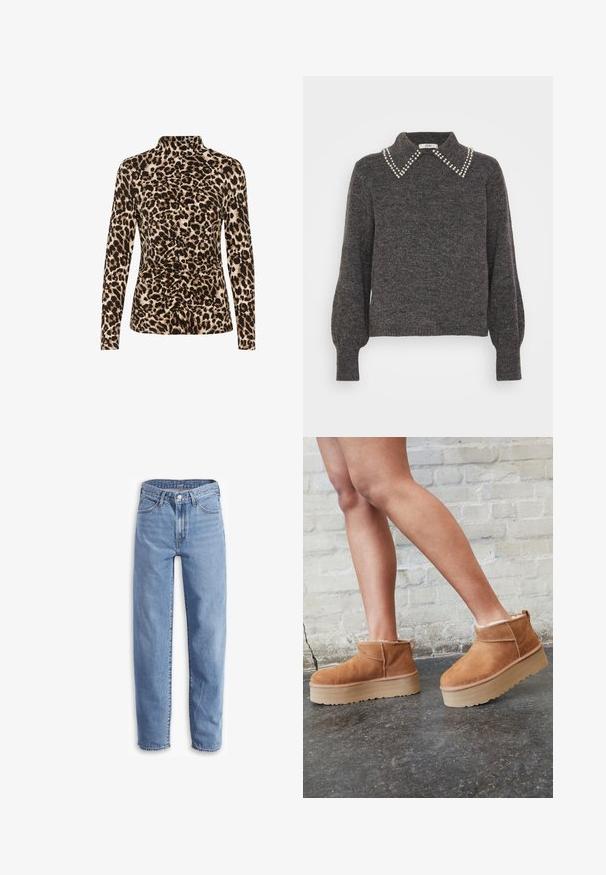 Sötét szürke pulóver texturált kötésű anyagból, gyöngyökkel díszített gallérral, puffos ujjakkal, bordázott mandzsettákkal és aljjal.; Hosszú ujjú felső, magas gallérral, barna és bézs árnyalatú leopárdmintával, elől gathered részletekkel, hogy formázza a sziluettet.; Világoskék, farmerből készült, laza szabású, egyenes lábú nadrág, öt zsebes dizájnnal és szaggatott szegélyekkel a sportos megjelenésért.; Barna velúr bokacsizma puha béléssel, vastag bézs platformtalppal és hátsó húzófüllel. Texturált felület látható varrási részletekkel.
