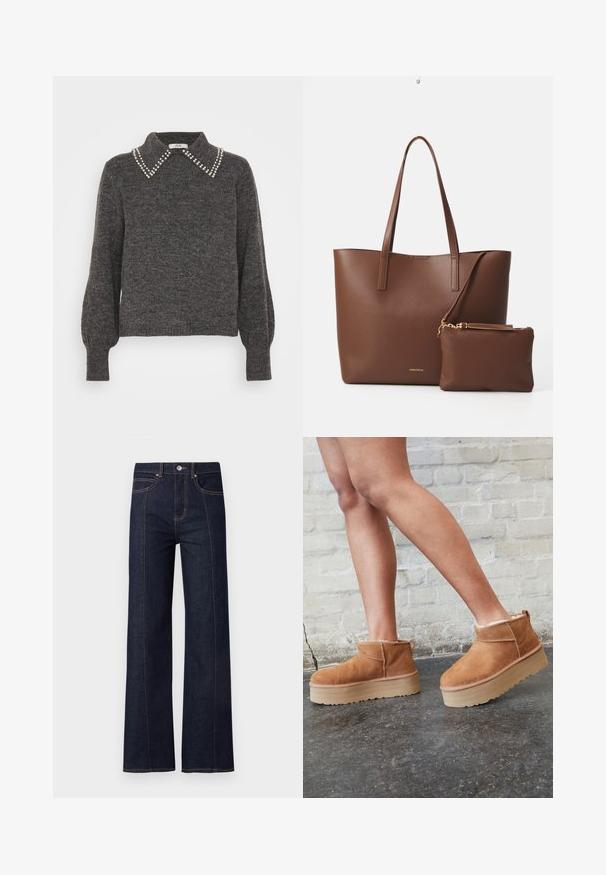 Tumši pelēks džemperis ar teksturētu adījumu, ar apkakli, kas rotāta ar pērļu akcentiem, pūkainām piedurknēm, ribotu aproču un apakšmalu.; Tumši zili džinsi ar platu kāju un augstu jostas vietu, ar kontrastējošiem oranžiem šuvēm un piecu kabatu dizainu. Plakans priekšpuse ar pogu aizdari.; Brūni zamšāda potītes zābaki ar mīkstu oderi, biezu bēša krāsas platformas zoli un aizmugurē esošu cilpu. Tekstūrēta virsma ar redzamām šuvēm.; Brūns mākslīgās ādas somiņa ar divām garām rokturiem un atbilstošu mazu maciņu. Virsma ir ar strukturētu rakstu un zelta aksesuāriem.