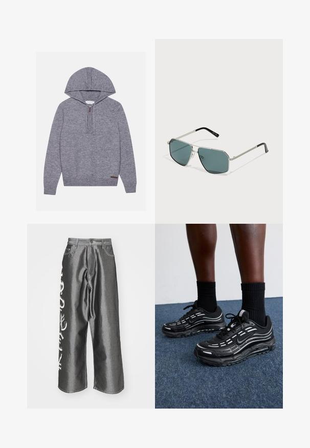 Hallide hallhäävel, millel on tekstuuriga kudumine, lipsuga kaelus ning soonikkoes servad ja varrukad. Alumisel vasakul on väike brändi silt.; Valge puuvillane T-särk lühikeste varrukatega, klassikalise ümarika kaelusega ja sirge allääriga. Sile tekstuur, minimalistlik disain, ilma mustrite või accsentideta.; Jaded London CURRENCY SHINY COLOSSUS - Loose fit teksad - silver; Mustad mustad Nike'i jalanõud on varustatud võrkstruktuuriga pealispinna, aktsenttriipude, tekstuuritud paelte ja musta kummist tallaga. Kannan mustade ribakudumiste sokkidega.; Metallist raami päikeseprillid kuusnurksete objektiividega, tumeroheline toon, hõbedasedDetailid ja mustad kätked. Raami tekstureeritud detailid.