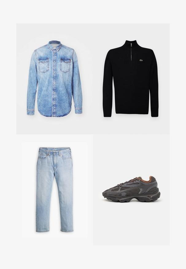 Zwarte lichtgewicht trui met een halve rits kraag, ribgebreide manchetten en zoom, met een klein groen logo op de borst.; Lichtblauw denim shirt met lange mouwen, button-down kraag, twee borstzakken en contrasterende stiksels. Afgeronde zoom en klassieke pasvorm.; Lichtblauwe denim jeans met een recht model, vijf zakken en contrasterende stiksels. Knopen- en ritssluiting bij de taille.; Lacoste sneakers in donkergrijs van mesh en synthetisch materiaal, met een gestructureerde zool en bruine accenten op de kraag en branding.