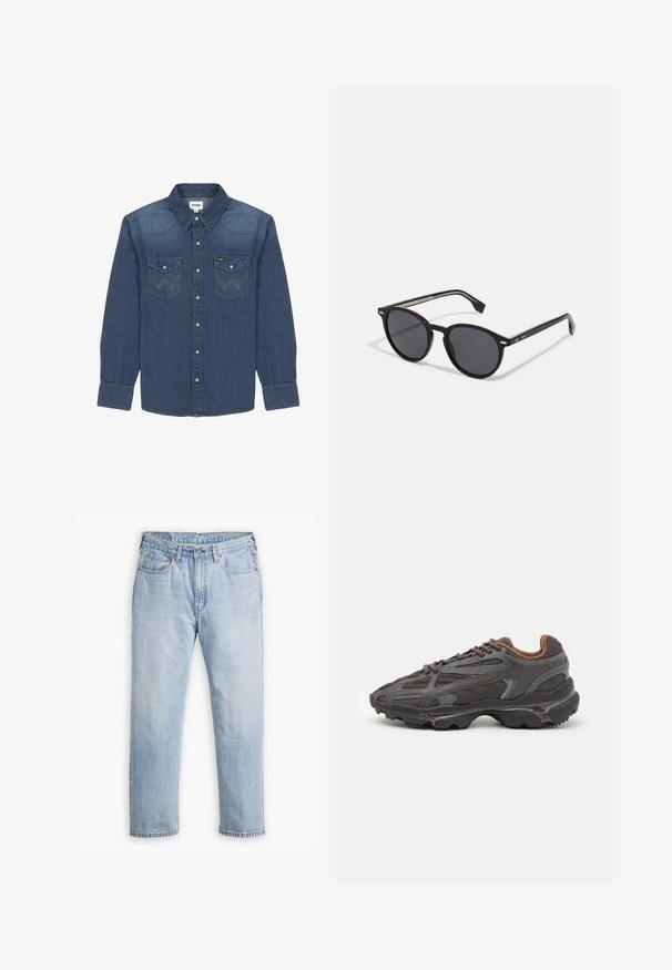 Sort letvægts sweater med halv-zip krave, ribbede manchetter og kant, med et lille grønt logo på brystet.; Mørkeblå denimskjorte med knap-ned krave, to brystlommer med kontraststing og lange ærmer med knapmanchetter.; Lysblå denimjeans med lige bendesign, fem lomme stil og kontrastsyet. Knap- og lynlåslukning i taljen.; Lacoste sneakers i mørkegrå med mesh og syntetisk materiale, udstyret med en tekstureret sål og brune accenter på kraven og brandingen.; BOSS Solbriller - black